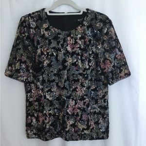 Badgley mischka black blouse embroidered with multicolored sequins